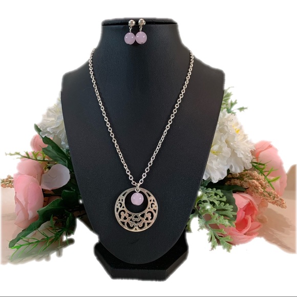 ROSE Quartz filigree pendant necklace and drop earring - Picture 3 of 7